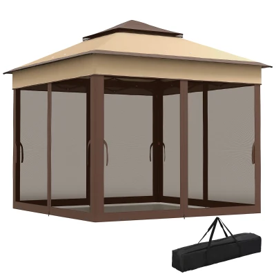 Outsunny 10.7 x 10.7ft Pop Up Gazebo, Adjustable Instant Sun Shelter with UV30+ Roof Cover, Removable Mesh Curtains, Beige