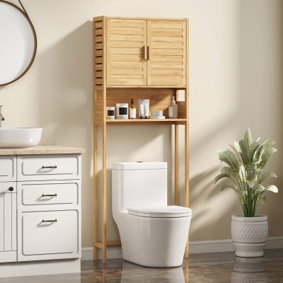 HOMCOM Over the Toilet Cabinet, Bathroom Organizer with 2 Doors, Open Compartment and Adjustable Shelf, Natural Wood Finish