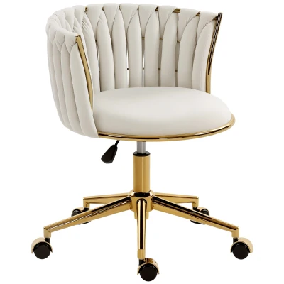 HOMCOM Office Chair, Vanity Chair with Woven Back, Adjustable Height, Rolling Wheels, Cream White