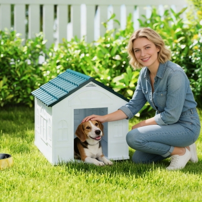 PawHut 26" Plastic Dog House Outdoor with Air Vents, for Small Medium Dogs, Blue