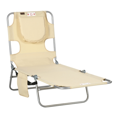 Outsunny Folding Outdoor Lounge Chair, 5-Level Tanning Chair with Face Hole, Side Pocket, Carry Strap for Beach Pool, Beige