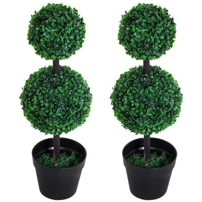 Outsunny 2 Ball Topiary Tree in Pot for Home Decor Set of 2, Artificial Plant for Home Office, Living Room Decor, Dark Green