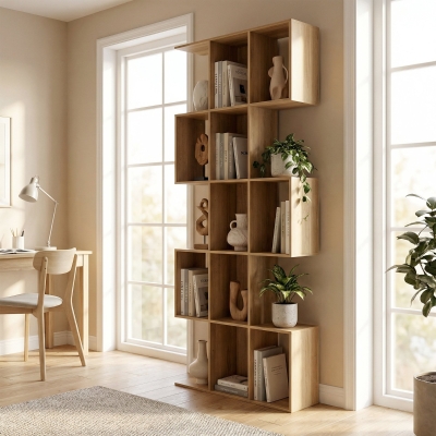 HOMCOM 5-Tier Bookshelf, S Shaped Geometric Bookcase with 15 Compartments, Oak