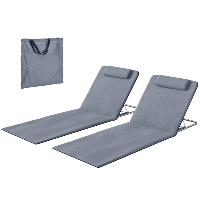 Outsunny 2 Pieces Beach Lounge Chair, Outdoor Folding Chaise Lounge Set w/ Pillow for Sunbath, Snap, Grey