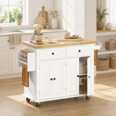 HOMCOM Kitchen Island Cart with Rubberwood Top & Storage, White