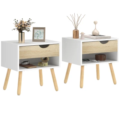 HOMCOM Set of 2 Bedside Table with Drawer and Shelf, Modern Nightstand with Wooden Legs, End Table for Bedroom, White