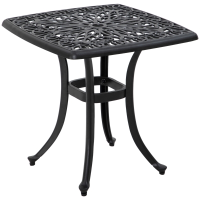 Outsunny 21" Square Outdoor End Table, Cast Aluminum Patio Side Table with Umbrella Hole for Garden, Balcony, Poolside, Black