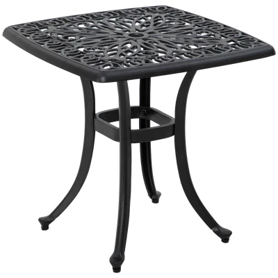 Outsunny 21" Square Outdoor End Table, Cast Aluminum Patio Side Table with Umbrella Hole for Garden, Balcony, Poolside, Black