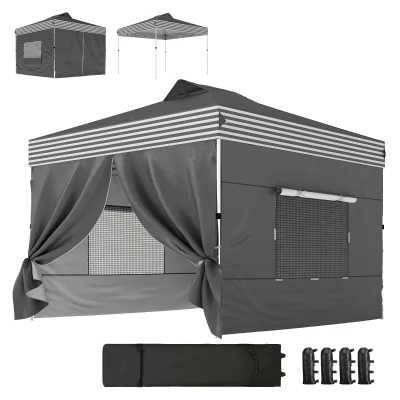 Outsunny 10 x 10 ft Pop Up Canopy Tent with 4 Sidewalls, UPF 50+ 1-Button Push Outdoor Instant Canopy with Wheeled Bag, Dark Grey