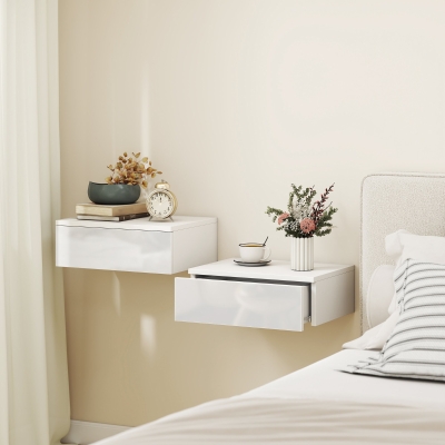 HOMCOM Set of 2 Wall Mounted Bedside Tables, High Gloss Floating Nightstands with Drawer for Bedroom, White