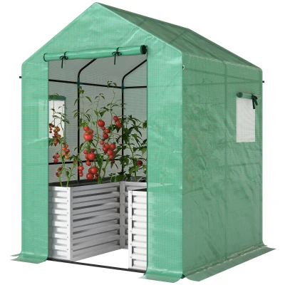 Outsunny Greenhouse with Raised Garden Bed, Galvanized Metal Planter Box with PE Cover, Roll Up Door, 56" x 56" x 75", Green