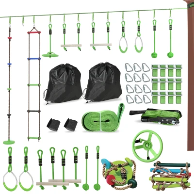 Qaba Obstacle course for Kids, with 10-Piece Slackline Kit with Monkey Bars, Gym Rings, Rope Ladder, Nest Swing, Hanging Tray