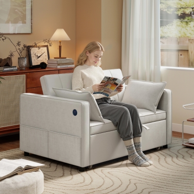 HOMCOM 3‑in‑1 Convertible Sofa Bed, Pull Out Sleeper Sofa with USB Charging, Adjustable Backrest, Side Pockets, Beige