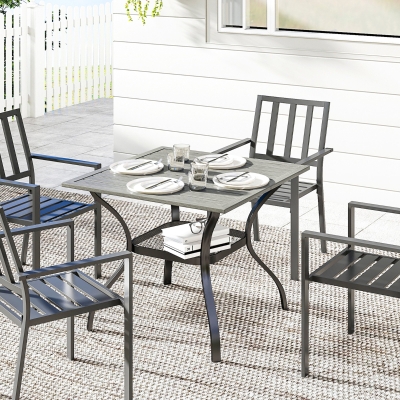 Outsunny Outdoor Dining Table for 4, Square Patio Table with Umbrella Hole, Shelf, Slatted Faux Wood Steel Top, Grey