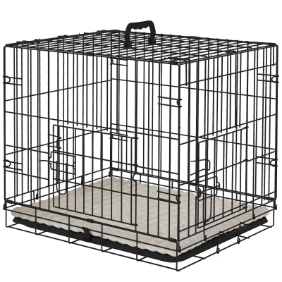 PawHut 24" Dog Crate with 2 Doors, Folding Metal Dog Cage with Soft Cushion, Removable Tray, Handle for Extra Small Dogs, Black