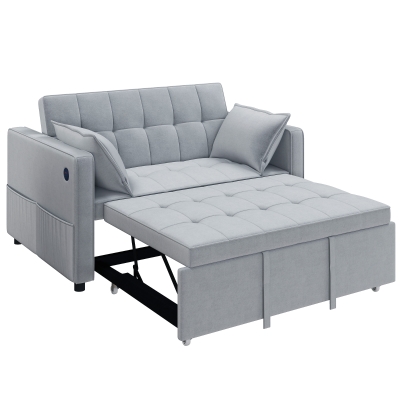 HOMCOM 3‑in‑1 Convertible Sofa Bed, Pull Out Sleeper Sofa with USB Charging, Adjustable Backrest, Side Pockets, Light Grey