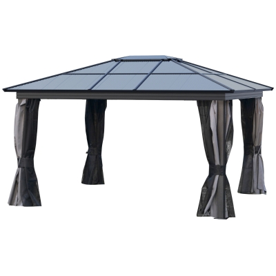 Outsunny 12' x 15' Hardtop Gazebo Canopy with Polycarbonate Roof, Aluminum Frame, Netting, Curtains and Ceiling Hook, Dark Grey