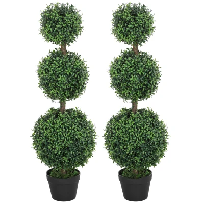 HOMCOM 2 Pack 40" Artificial Trees, Boxwood Topiary Ball Trees with Pot for Indoor, Outdoor, Home Office, Living Room, Green