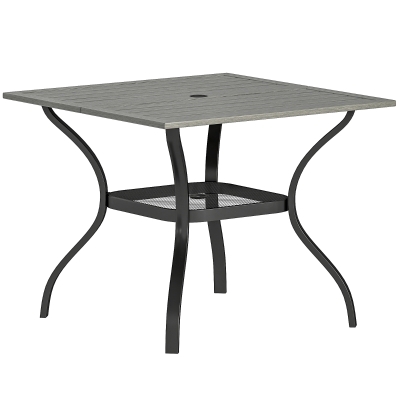 Outsunny Outdoor Dining Table for 4, Square Patio Table with Umbrella Hole, Shelf, Slatted Faux Wood Steel Top, Grey