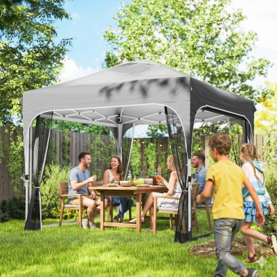 Outsunny 10 x 10 ft Pop Up Canopy Tent with Mosquito Netting, UPF 50+ Central Lock Easy Setup Outdoor Party Tent, Dark Grey