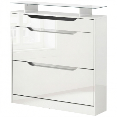HOMCOM High Gloss Shoe Cabinet with 2 Flip Drawers and Adjustable Shelves, Narrow Shoe Storage Cabinet with Glass Top, White
