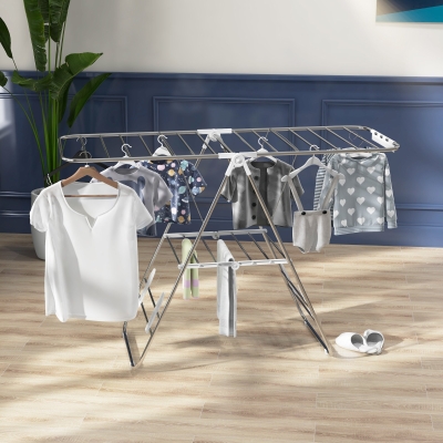 HOMCOM Clothes Drying Rack, 2-Tier Stainless Steel Foldable Laundry Rack with Adjustable Wings and Shoe Holders, Silver