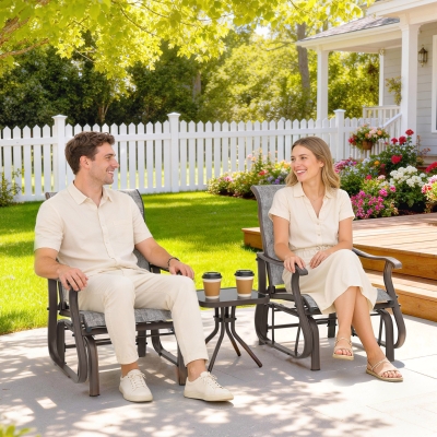 Outsunny 3PCs Gliding Rocking Chair & Bistro Tea Table Set, Grey