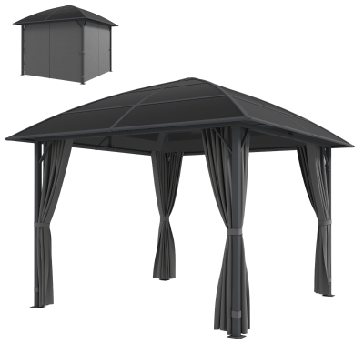 Outsunny 10' x 10' Outdoor Hardtop Gazebo Canopy with UV50+ Polycarbonate Roof, Steel Frame, Central Hook, Curtains, Light Grey