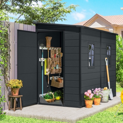 Outsunny 4.3' x 8' Outdoor Storage Shed with Floor, Garden Shed with Lockable Doors and Windows, Dark Grey