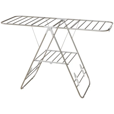 HOMCOM Clothes Drying Rack, 2-Tier Stainless Steel Foldable Laundry Rack with Adjustable Wings and Shoe Holders, Silver
