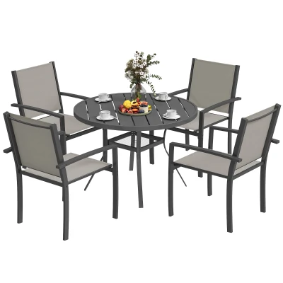 Outsunny 5 Piece Outdoor Dining Set with Round Table and 4 Stackable Chairs, for Backyard, Lawn, Deck, Balcony, Pool Side
