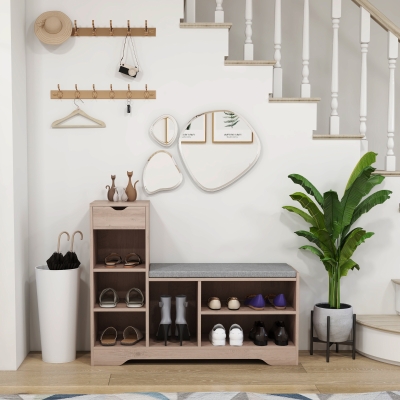 HOMCOM Upholstered Shoe Storage Bench w/ Seat, Entrance Bench w/ Drawer and 6 Open Shelves for Hallway, Grey