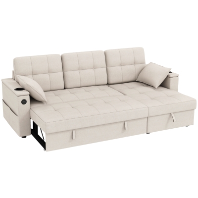 HOMCOM Convertible Sectional Sofa Bed, Pull Out Sleeper Sofa Couch with USB‑A+C, Chaise Storage, L-Shaped Futon Couch, Beige