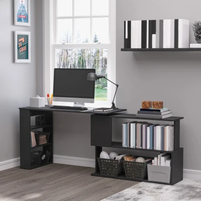 HOMCOM L-Shaped Rotating Office Desk with Storage Shelves, Black