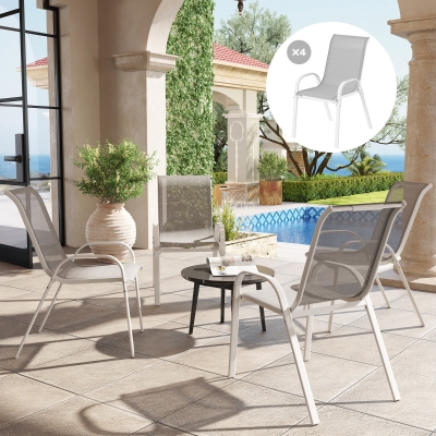 Outsunny Set of 4 Outdoor Dining Chairs, Stackable Lawn Chairs with High Back, Breathable Mesh Seat for Garden Porch, White