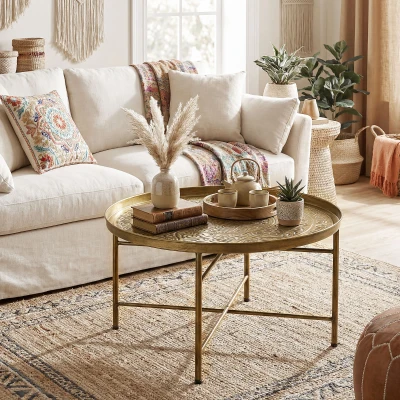 HOMCOM 24" Round Coffee Table with Hammered Top, Gold