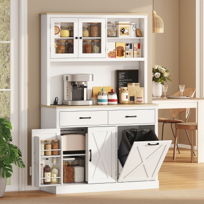 HOMCOM 69" Kitchen Pantry Cabinet with Charging Station Kitchen Cabinet with Microwave Stand 7 Gallon Trash Can Cabinet White