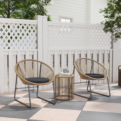 Outsunny Outdoor Bistro Set, 3 Piece Wicker Patio Furniture Set with 2 Chairs and Glass-Top Table, Natural Wood