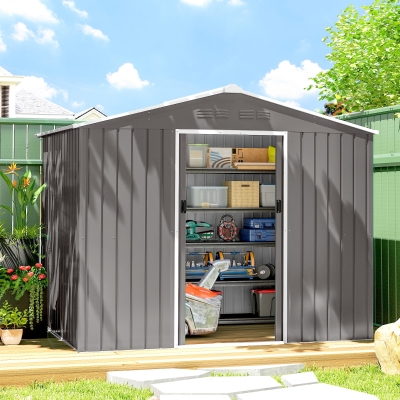 Outsunny 8' x 6' Outdoor Storage Shed, Metal Garden Tool Storage House with Lockable Sliding Doors and Vents, Light Grey