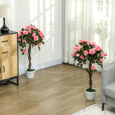 Outsunny 3FT Artificial Plant Pink Rose Floral Set of 2 in Pot, Fake Plant for Home Indoor Decor