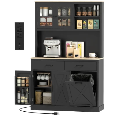 HOMCOM 69" Kitchen Pantry Cabinet with Charging Station Kitchen Cabinet with Microwave Stand 7 Gallon Trash Can Cabinet Black