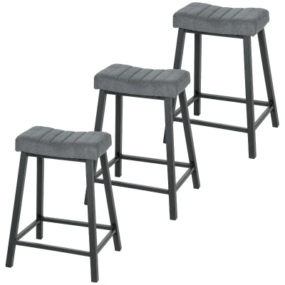 HOMCOM Set of 3 Bar Stools, Velvet Upholstered Counter Stools with Curved Seat and Footrest for Kitchen Island, Grey