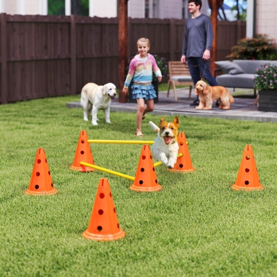 PawHut Dog Agility Hurdle Cone Set, Adjustable Obstacle Course Equipment with 6 Cones & 6 Poles, Carry Bag, Orange