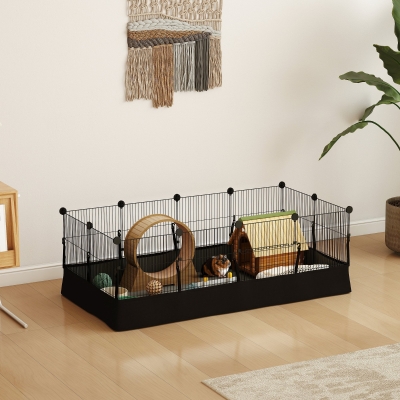PawHut Small Animal Cage Waterproof Mat DIY Animal Playpen for Guinea Pigs Rabbits 12 Panels and Door Black