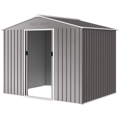 Outsunny 8' x 6' Outdoor Storage Shed, Metal Garden Tool Storage House with Lockable Sliding Doors and Vents, Light Grey