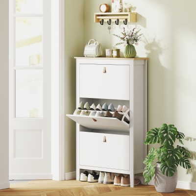 HOMCOM Narrow Shoe Cabinet with 3 Flip Drawers, Adjustable Shelves for Entryway, Holds 15-21 Pairs, White