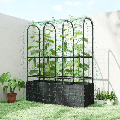 Outsunny Raised Garden Bed with Trellis, Tomato Cage with 52.8 Gal Grow Bag, Garden Cucumber Trellis Plant Cage