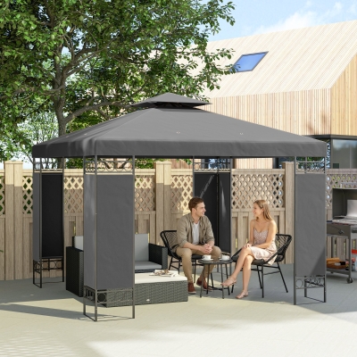 Outsunny 10 x 10 FT Canopy Gazebo, Double Roof Patio Gazebo with Screen Panels and Metal Frame for Deck, Backyard, Dark Grey