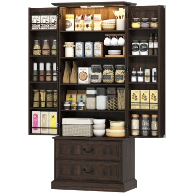 HOMCOM 72" LED Kitchen Pantry Cabinet, Buffet Storage Cabinet with 10 Door Shelves, 2 Drawers and Adjustable Shelves, Brown