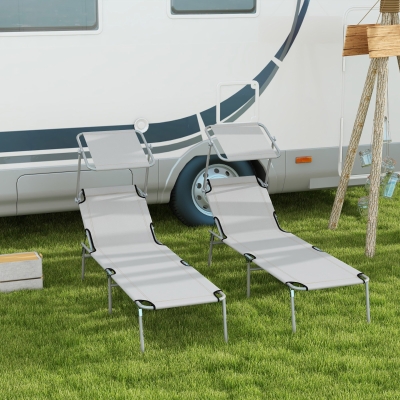 Outsunny 2Pcs Outdoor Lounge Chair, Adjustable Folding Chaise Lounge with Sun Shade for Beach, Camping, Hiking, Light Grey